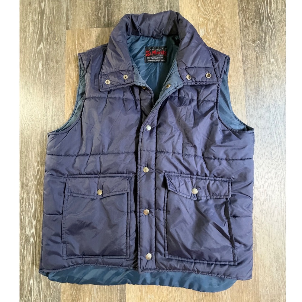 St. Moritz Puffer Vest Mens Large Blue Vintage Quilted Snap Front Utility Pocket